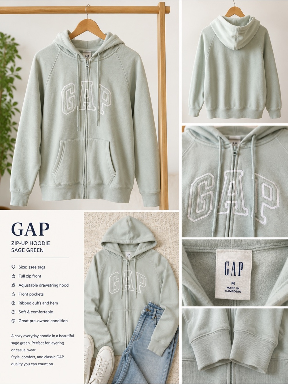 GAP Sage Green Full Zip Hoodie Women’s Medium